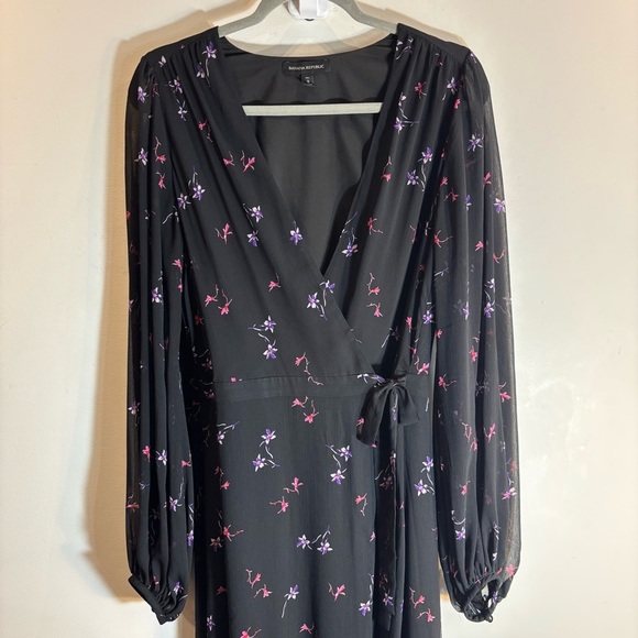 BANANA REPUBLIC Sz 8 Floral Faux Wrap Maxi Dress Ruffle Balloon Sleeve Sheer - Picture 4 of 13